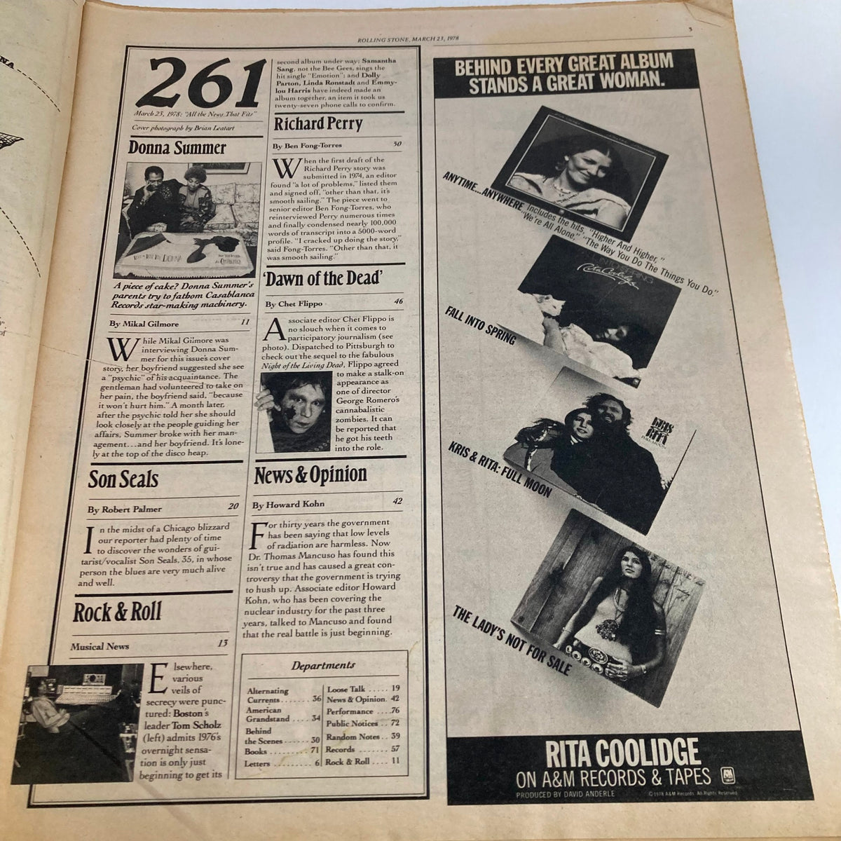 Interior page from Rolling Stone Magazine March 23 1978 No. 261 featuring articles about Donna Summer, Richard Perry, and the film 'Dawn of the Dead', along with ads and news sections.