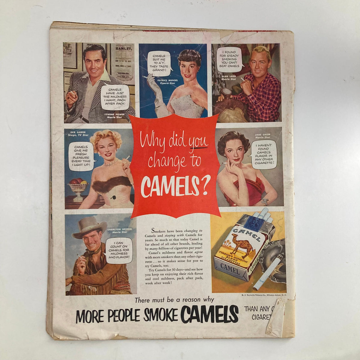 Back cover of VTG Look Magazine July 28 1953 with an advertisement for Camels cigarettes featuring vintage illustrations and testimonials.