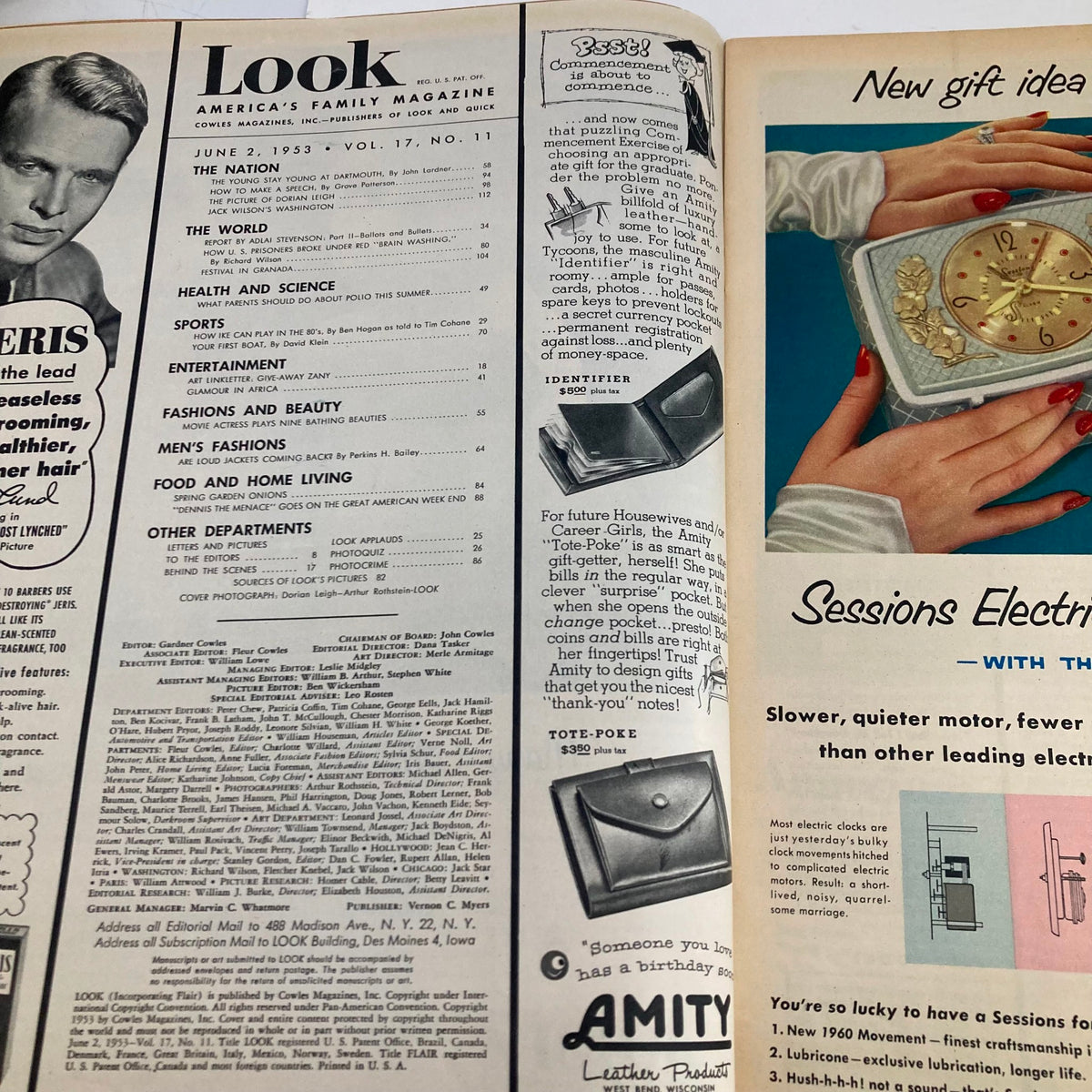 Inside pages of VTG Look Magazine June 2 1953 displaying the table of contents with articles including Adlai Stevenson's reports, reflecting the magazine's vintage charm.