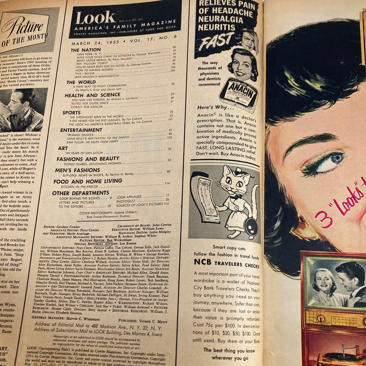 Interior page of Look Magazine, March 24, 1953, displaying the contents and features, emphasizing cultural insights from the era.