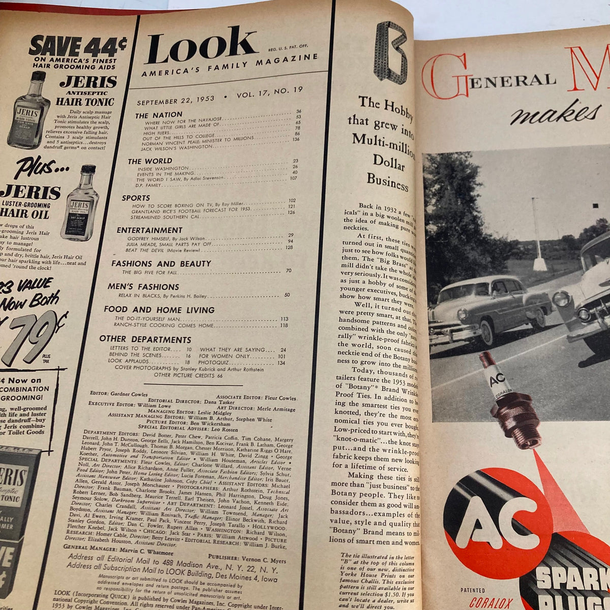 Interior page of VTG Look Magazine September 22, 1953 displaying the table of contents and magazine features.