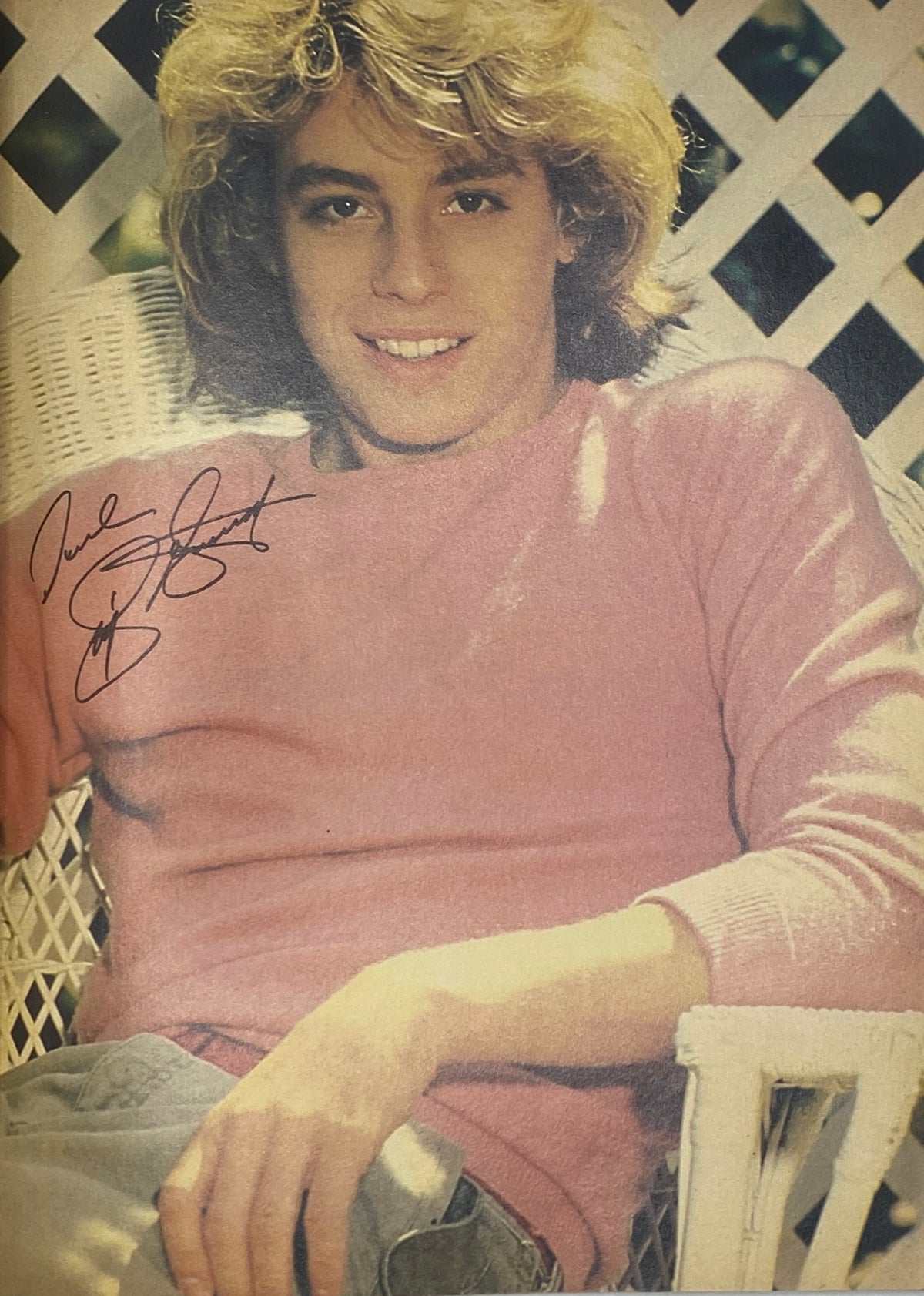 Young man with blonde, curly hair wearing a pink sweater, showcasing his charming smile in SuperTeen Magazine June 1981.