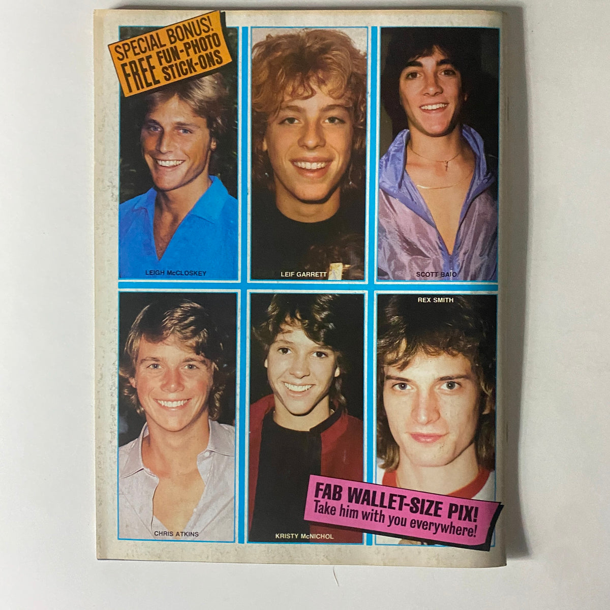 Cover of SuperTeen Pinup Book No. 2 featuring celebrity photos, including Leigh McCloskey, Leif Garrett, Scott Baio, Chris Atkins, Rex Smith, and Kristy McNichol, with a special bonus for free photo stick-ons.