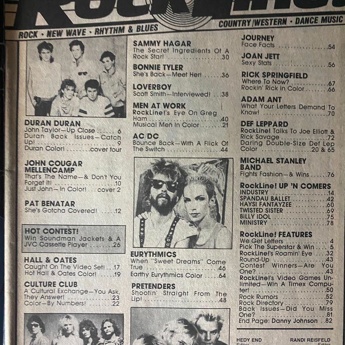 Rock Line Magazine March-April 1984 table of contents featuring artists like Duran Duran, Sammy Hagar, and AC/DC.