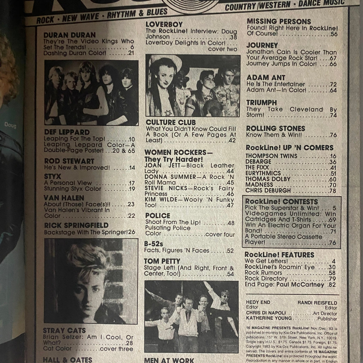Inside pages of Rock Line Magazine showcasing articles and features about popular bands such as Duran Duran and Def Leppard.