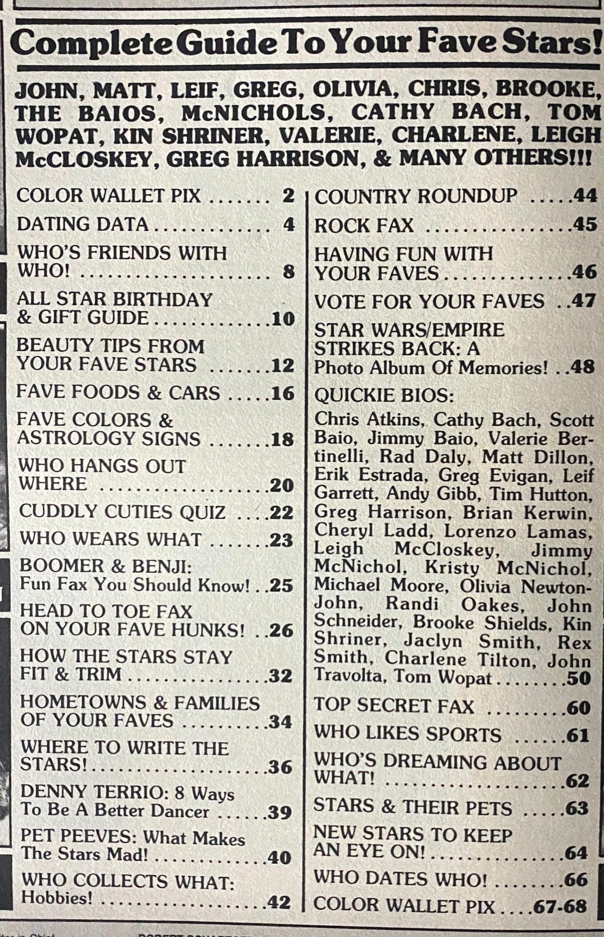 Table of contents for SuperTeen Teen Star Directory No. 3. Lists featured sections and celebrities like John Schneider, Greg Evigan, and Brooke Shields.