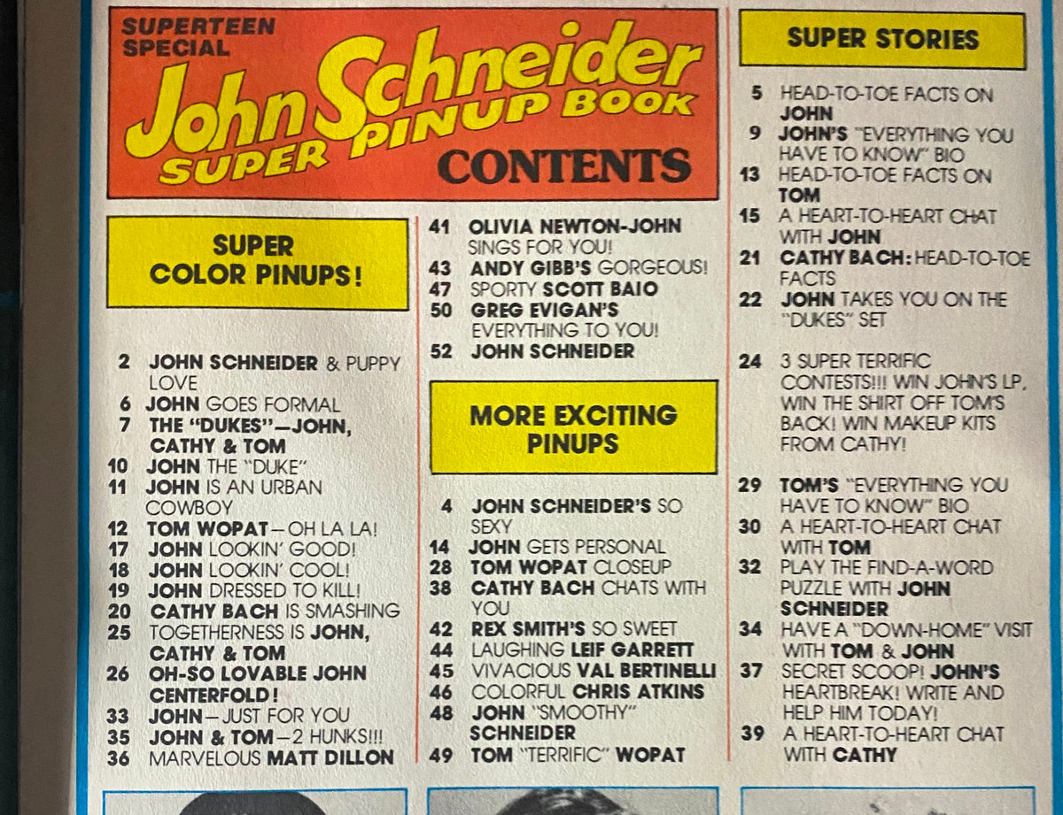Contents page of SuperTeen Special No. 4 highlighting featured articles, stories, and pinup sections about John Schneider and other stars from the 1981-1982 era.
