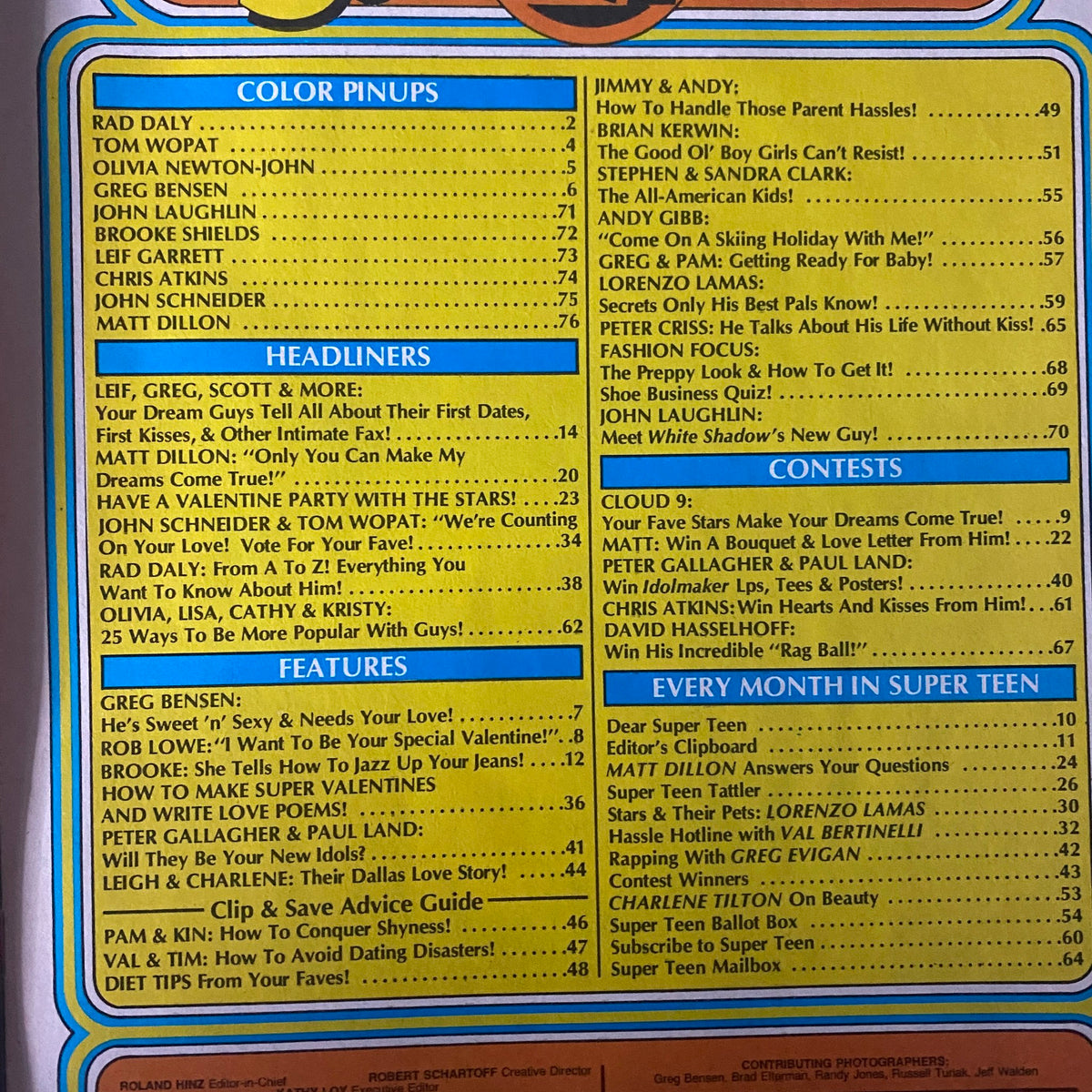 Contents page of SuperTeen Magazine May 1981, showcasing features, headliners like Matt Dillon and John Schneider, and celebrity pinup pages.