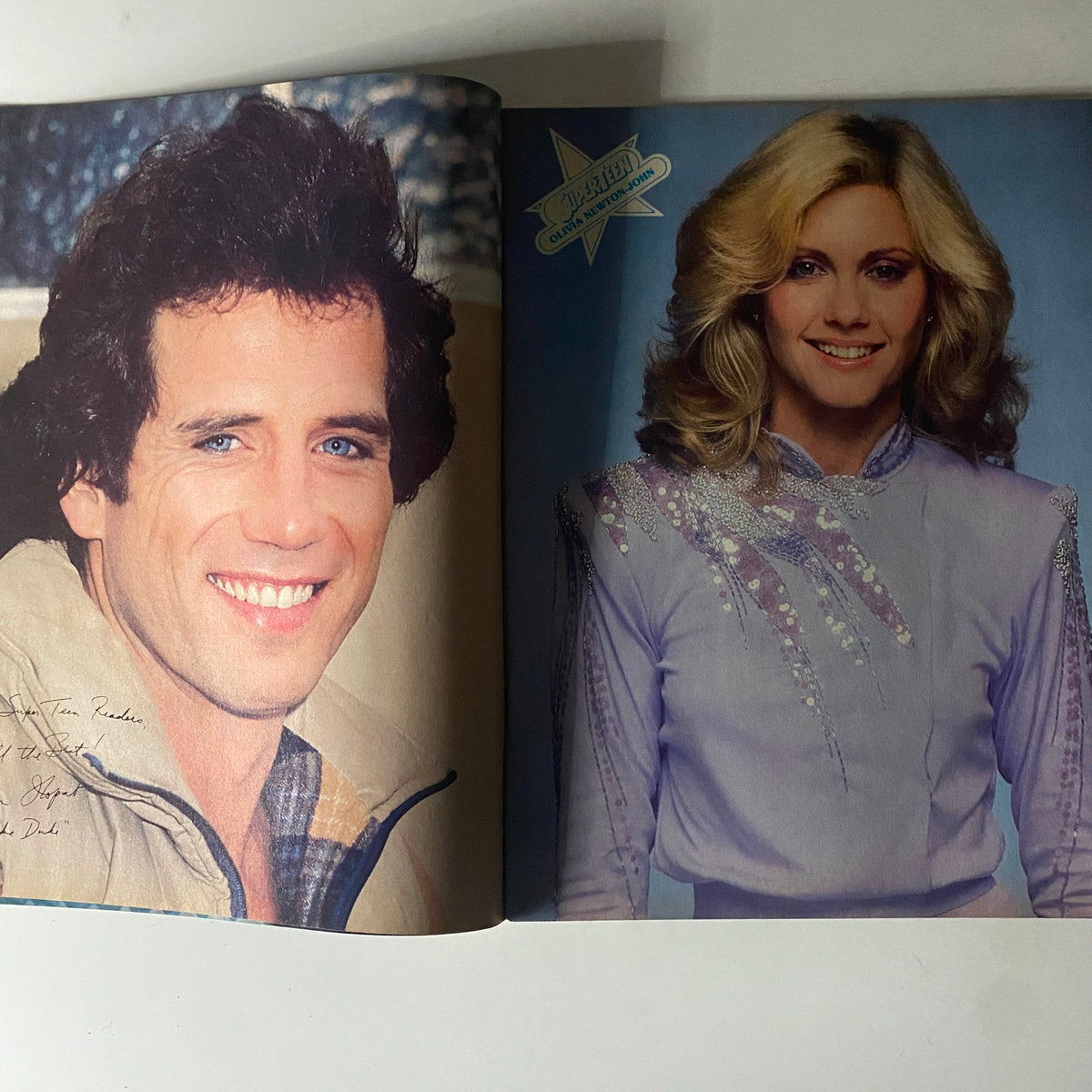 Pages from SuperTeen Magazine May 1981 featuring John Schneider and Olivia Newton-John, highlighting their iconic hairstyles and fashion.