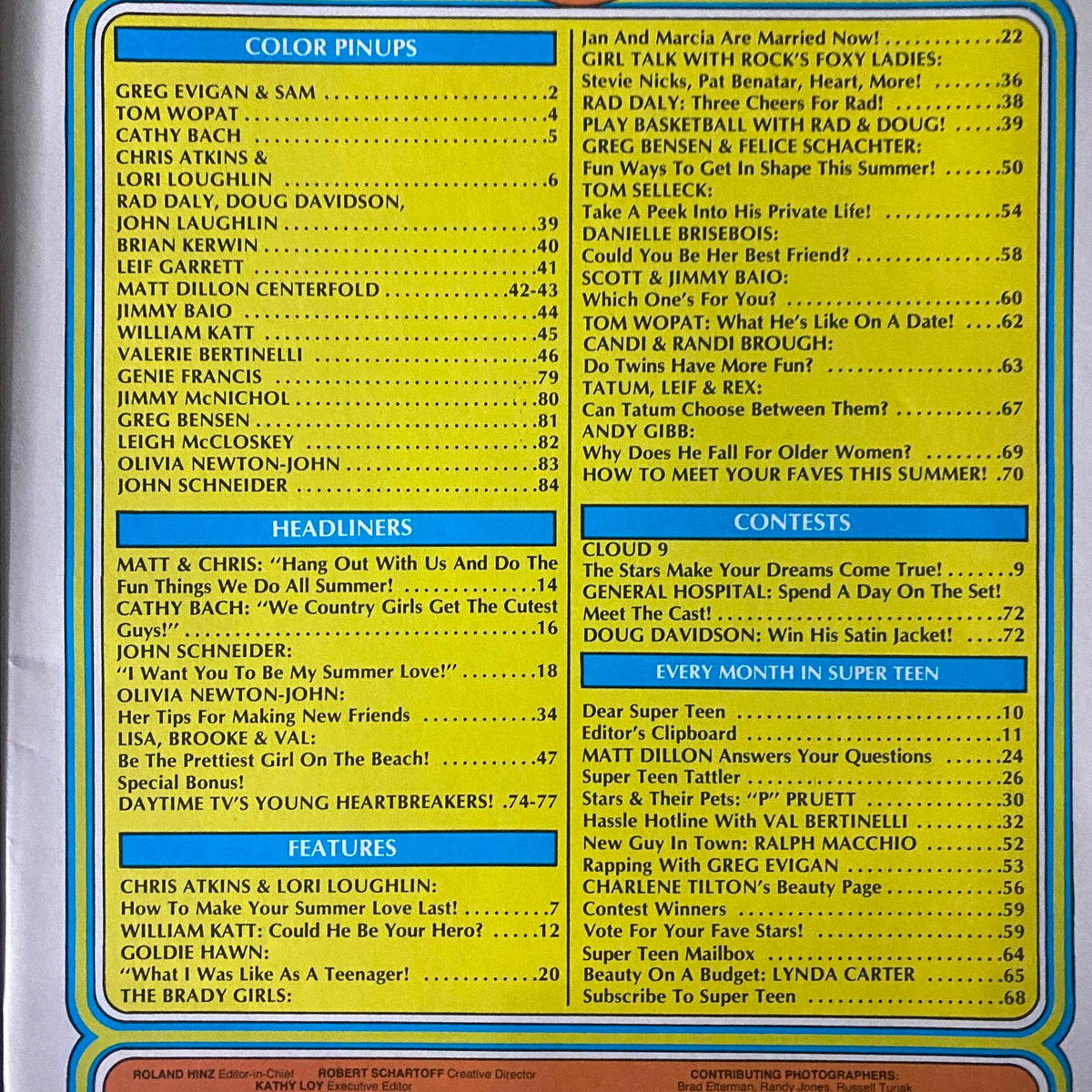 Table of contents from the SuperTeen Magazine August 1981 showcasing featured articles and pinups.