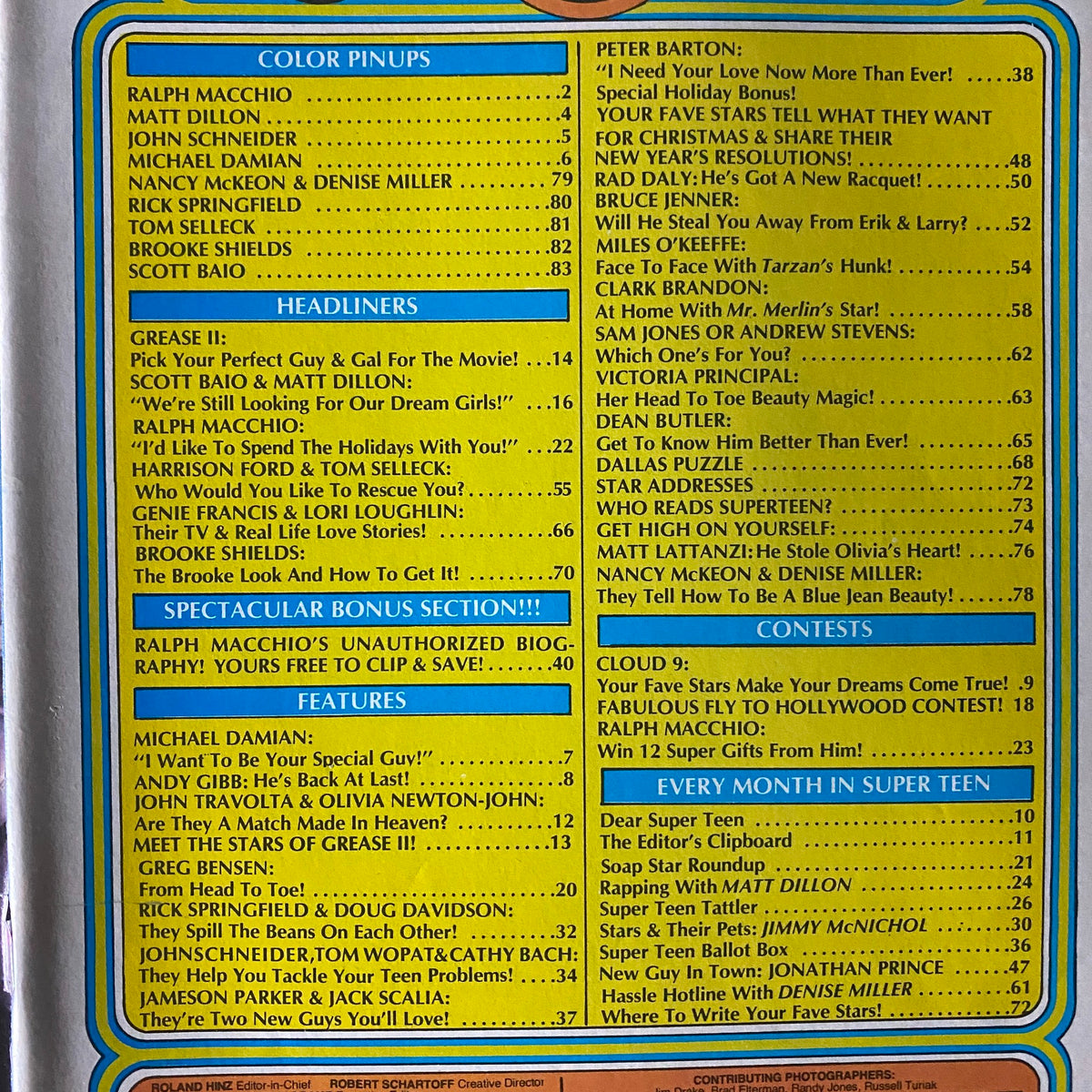 Table of contents from SuperTeen Magazine March 1982 showcasing articles about Ralph Macchio and various teen idols.