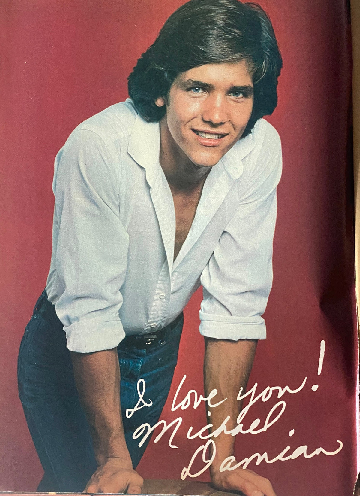 Color pinup of Michael Damian from SuperTeen Magazine March 1982 with a handwritten message expressing love.