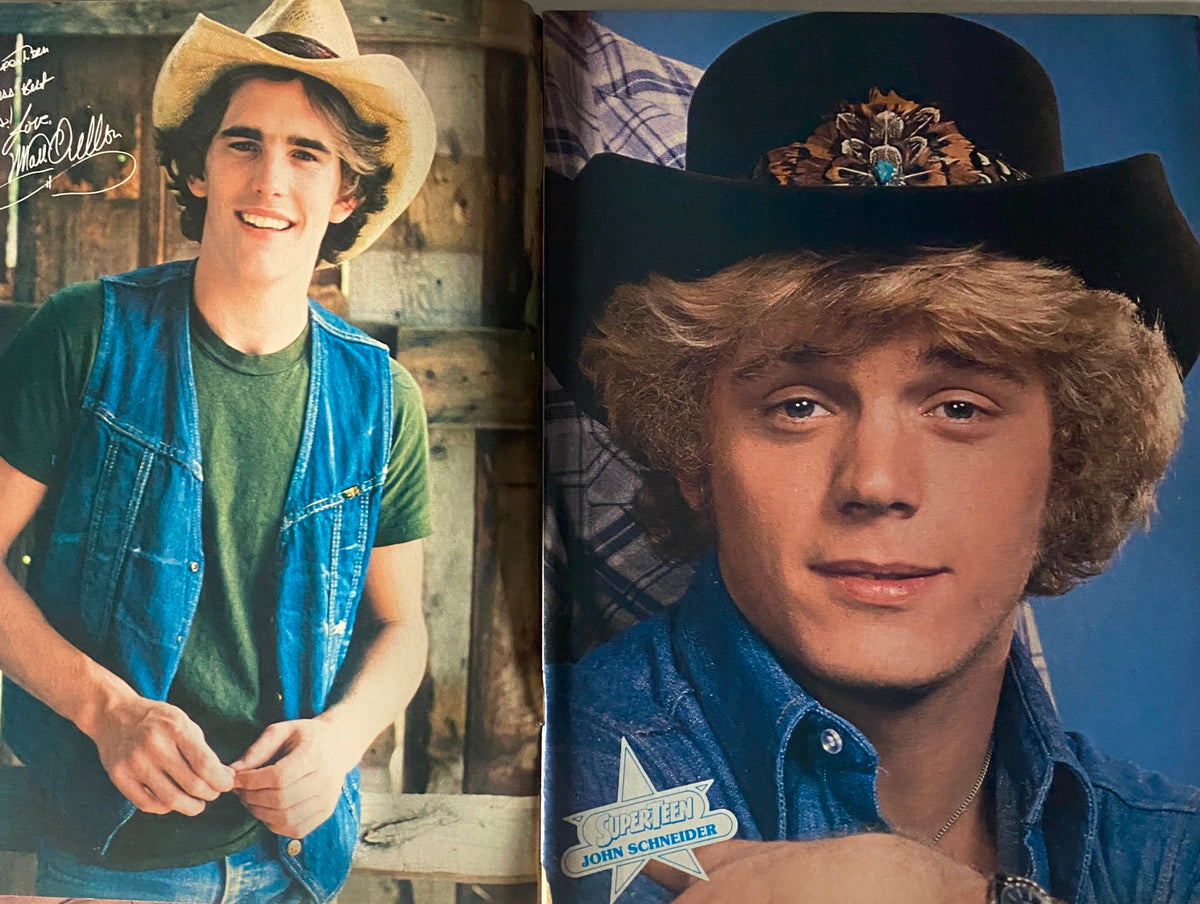 Double page featuring Matt Dillon in a cowboy hat and John Schneider from SuperTeen Magazine March 1982.