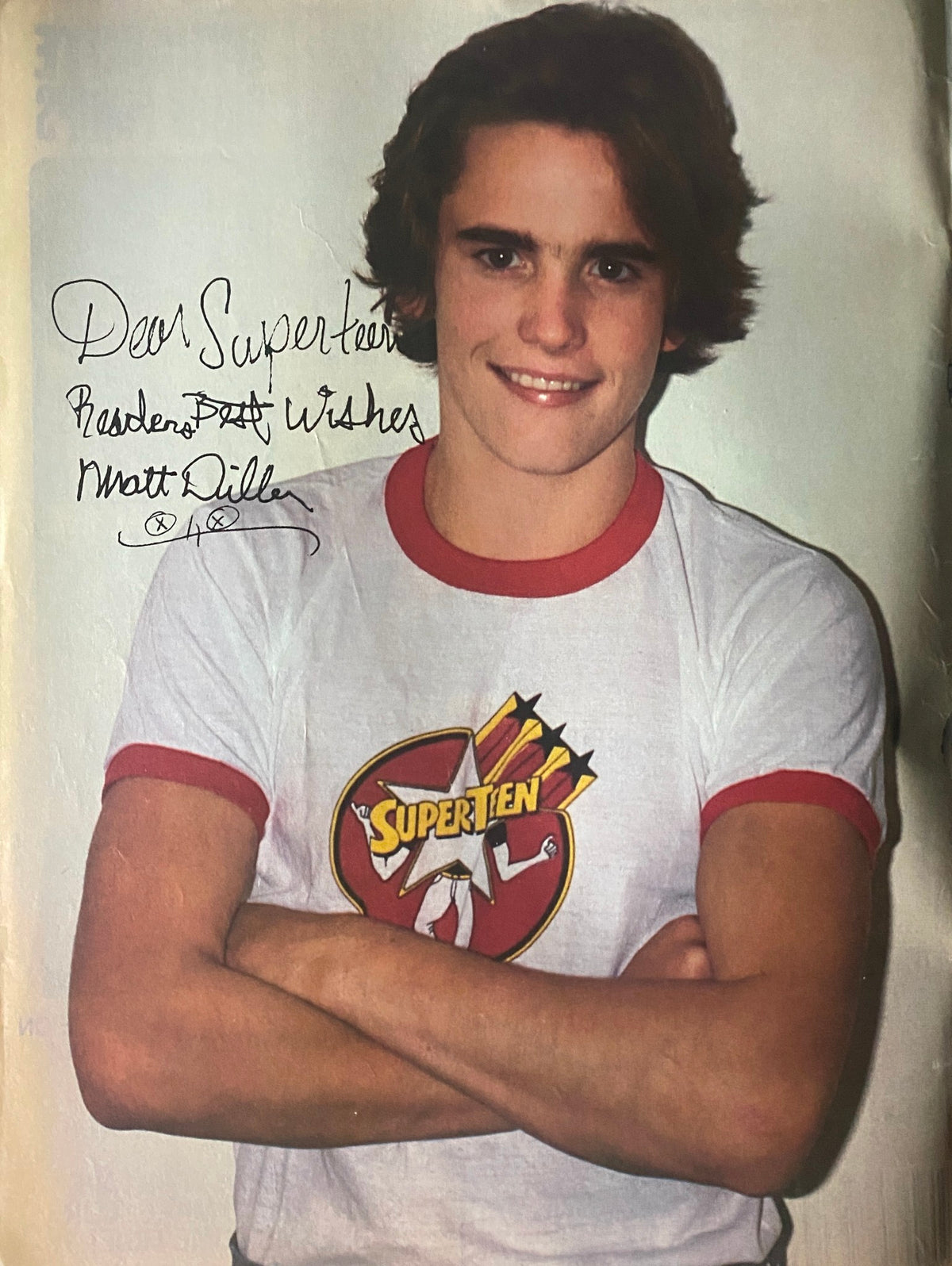 Personalized photo of actor Matt Dillon featured in SuperTeen Magazine August 1981, conveying a friendly message to readers.