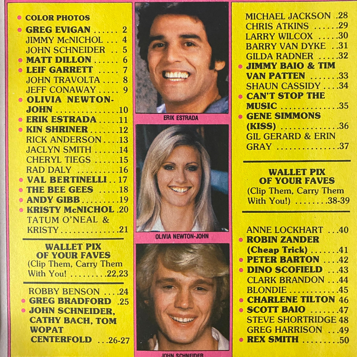 Table of contents for SuperTeen Photo Album No. 5, listing features on popular celebrities like Olivia Newton-John and John Schneider.