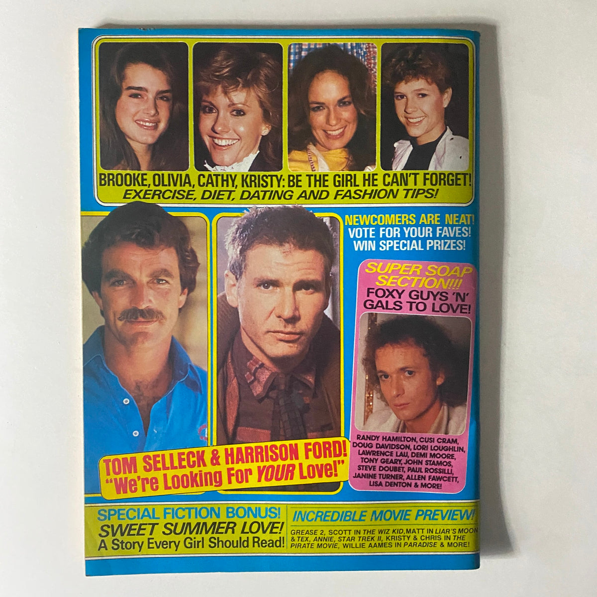 Cover of SuperTeen Magazine August 1982 featuring teen idols Scott Baio, Ralph Macchio, and Matt Lattanzi, along with a vibrant layout showcasing popular celebrities including Tom Selleck and Harrison Ford, highlighted with eye-catching text and graphics.