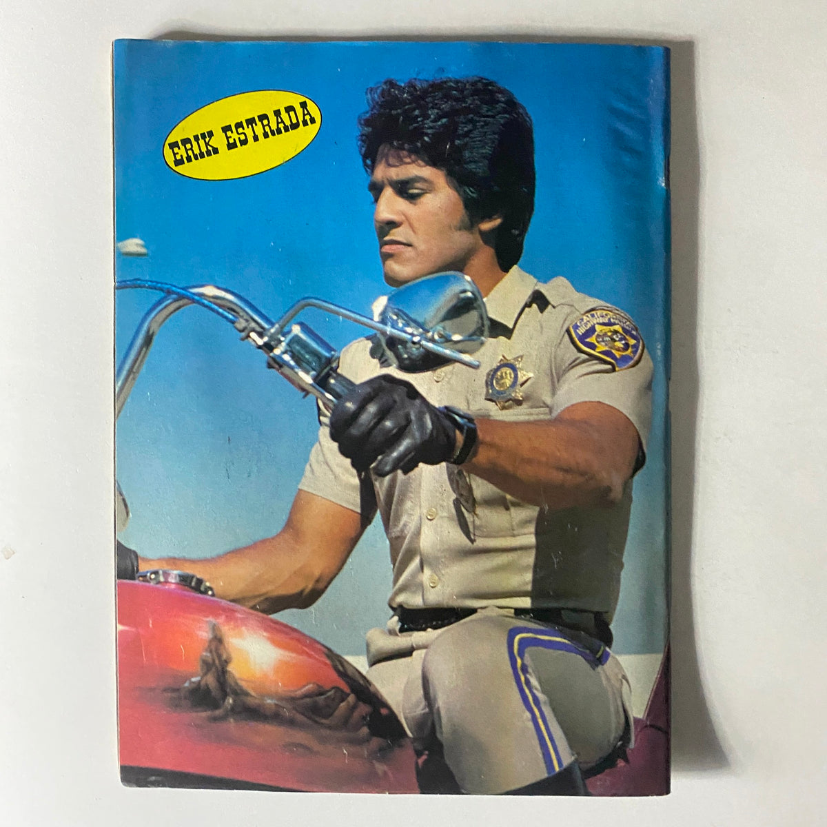 Teen Talk Magazine August 1981 cover featuring Erik Estrada in a police uniform on a motorcycle, showcasing a classic moment from the iconic TV show 'CHiPs'.