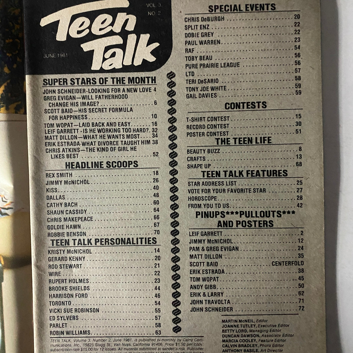 Table of contents from Teen Talk Magazine June 1981 showcasing features like Super Stars of the Month and Headline Scoops.