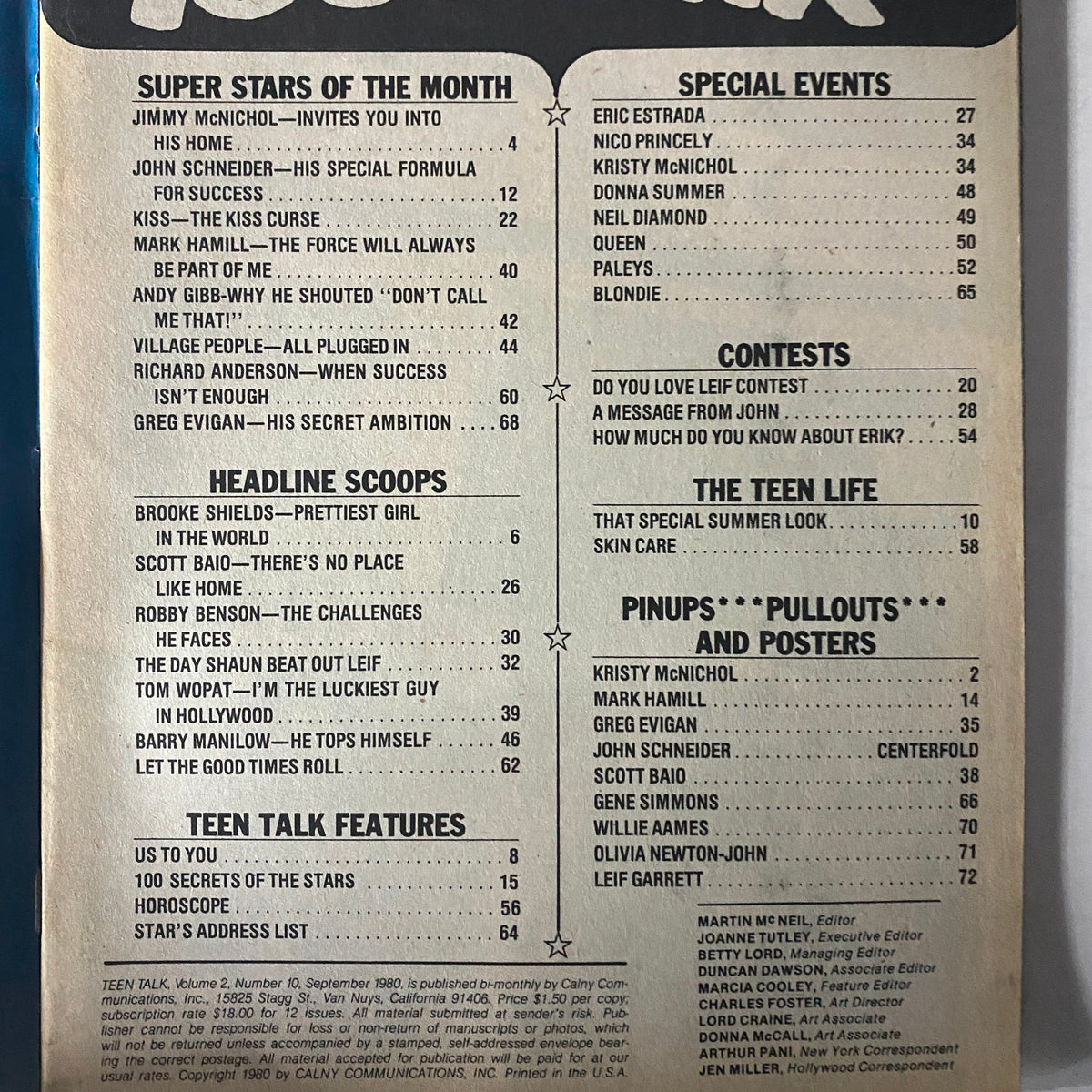 Table of contents from Teen Talk Magazine September 1980, outlining featured articles including John Schneider's success formula and Jimmy McNichol's home invite.