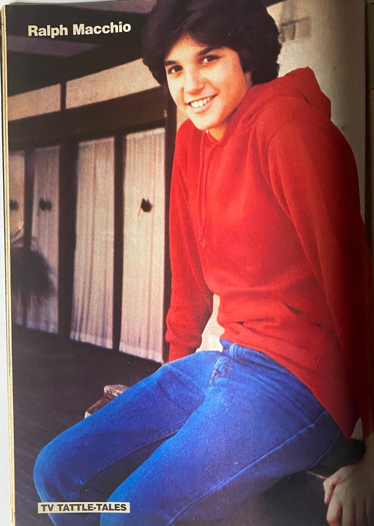 Image of Ralph Macchio from the 16 Magazine TV Tattle-Tales Summer 1981 issue, in a red hoodie, smiling, showcasing his youthful charm as featured in the magazine.