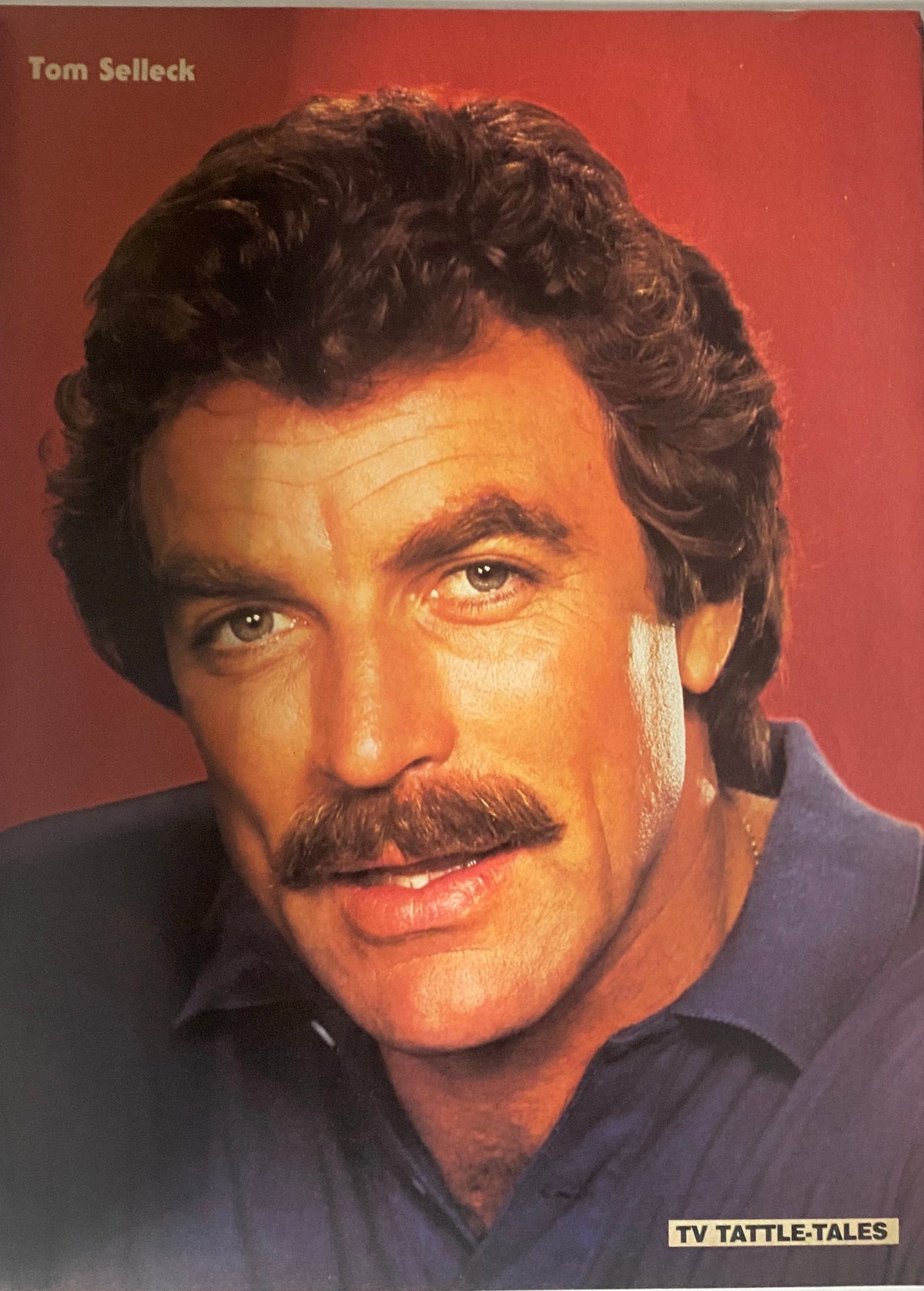 Portrait of Tom Selleck from 16 Magazine TV Tattle-Tales Summer 1981, captured with a confident expression and signature mustache, highlighting his popularity as a TV heartthrob.