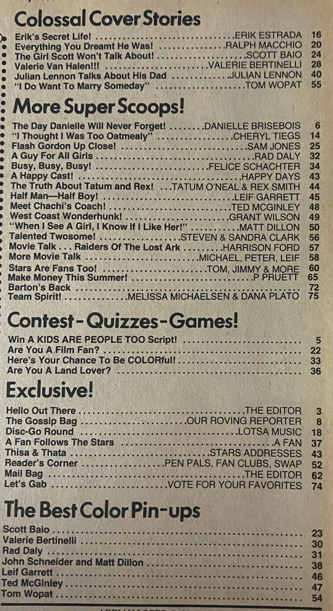 Table of contents from Teen Bag Magazine July 1981 detailing articles and interviews with stars like Ralph Macchio, Scott Baio, and others.