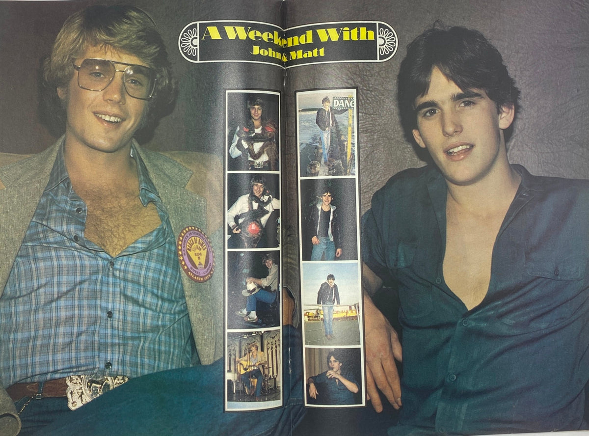 Feature spread from Teen Bag Magazine July 1981 titled 'A Weekend With John & Matt' showcasing John Schneider and Matt Dillon with photo montage.