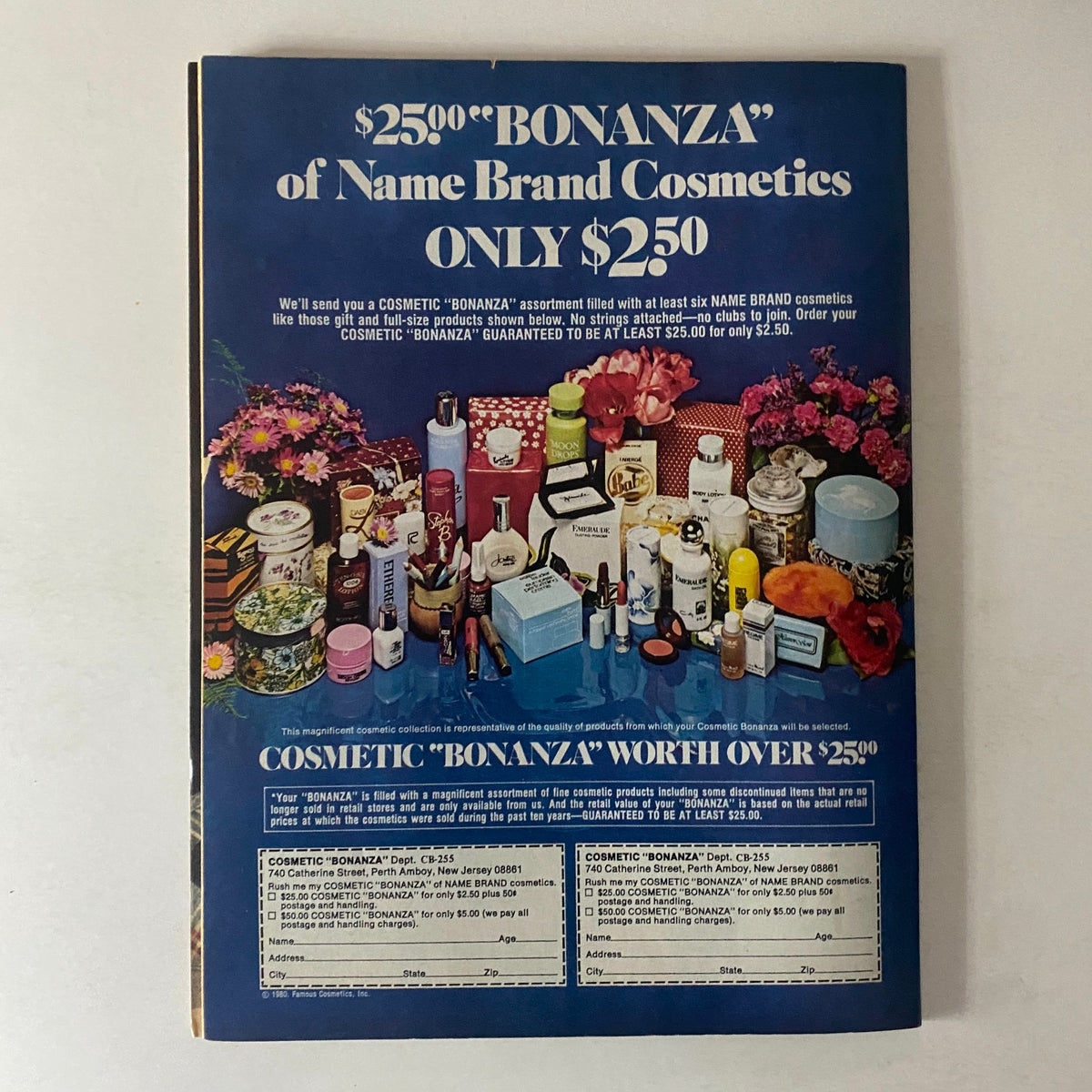 Back cover of Teen Bag Magazine July 1981 promoting a cosmetic 'bonanza' deal with a visually appealing array of beauty products.