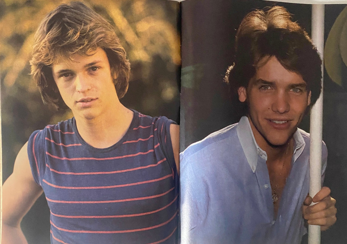Teen Bag Magazine March 1982 featuring Rick Springfield and Scott Baio - Page with two young male models, one wearing a striped sleeveless shirt and the other in a light button-up shirt, showcasing 1980s pop culture.
