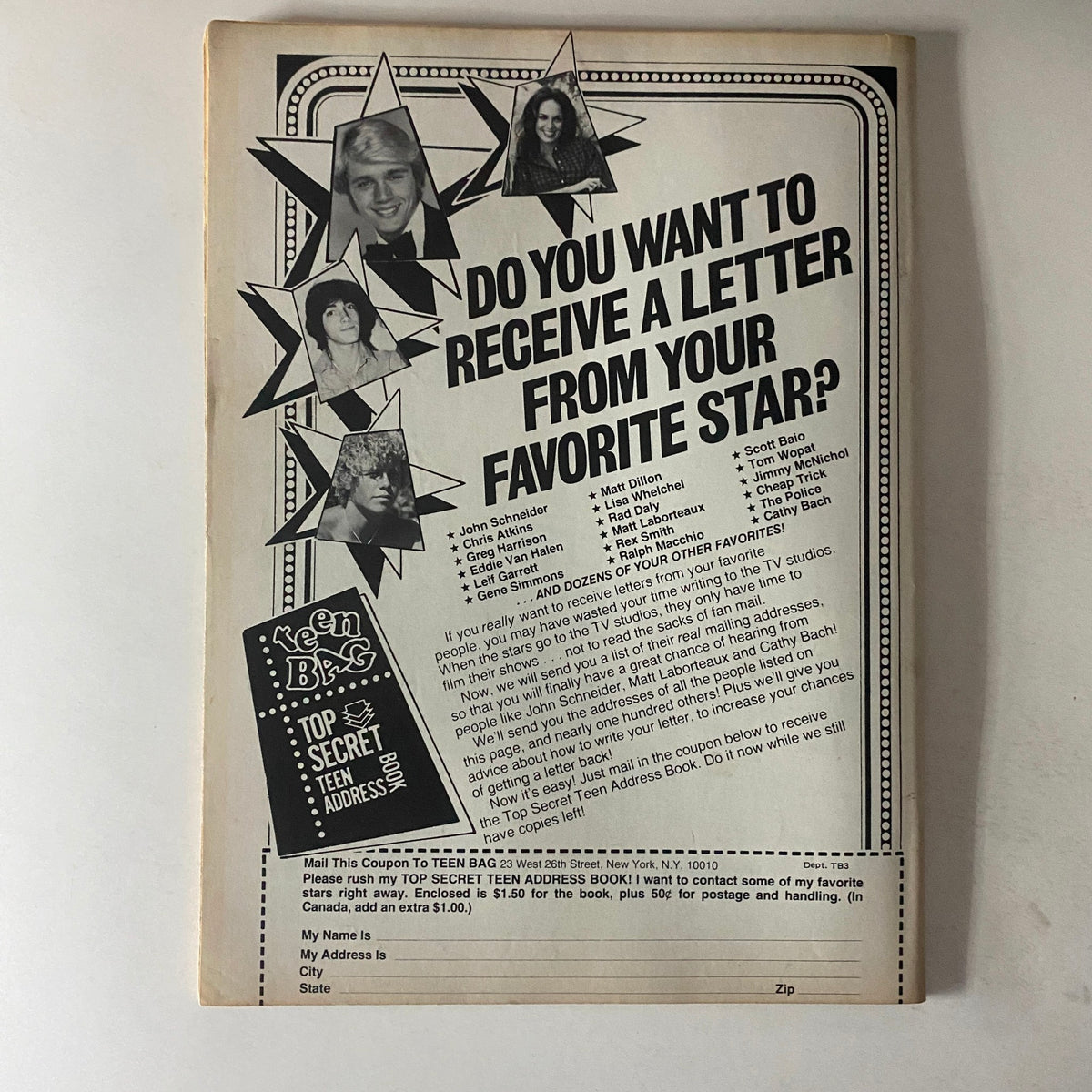Teen Bag Magazine March 1982 featuring Rick Springfield and Scott Baio - Back cover with an advertisement asking if readers want letters from their favorite stars, including popular teen icons of the era.
