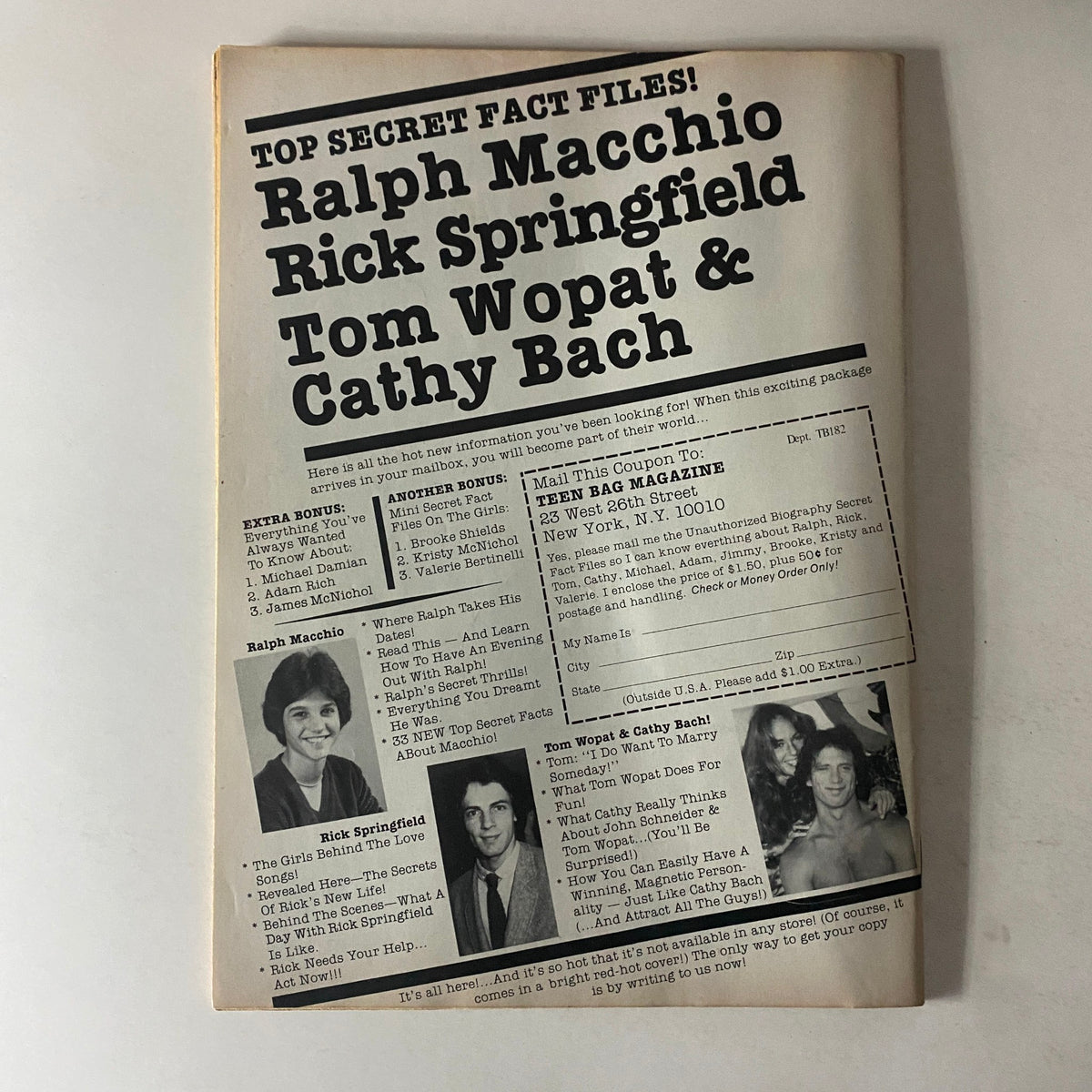 Back page of Teen Bag Magazine January 1982 featuring 'Top Secret Fact Files' with profiles and coupons for Ralph Macchio, Rick Springfield, Tom Wopat, and Cathy Bach, indicating fun engagement opportunities for fans.