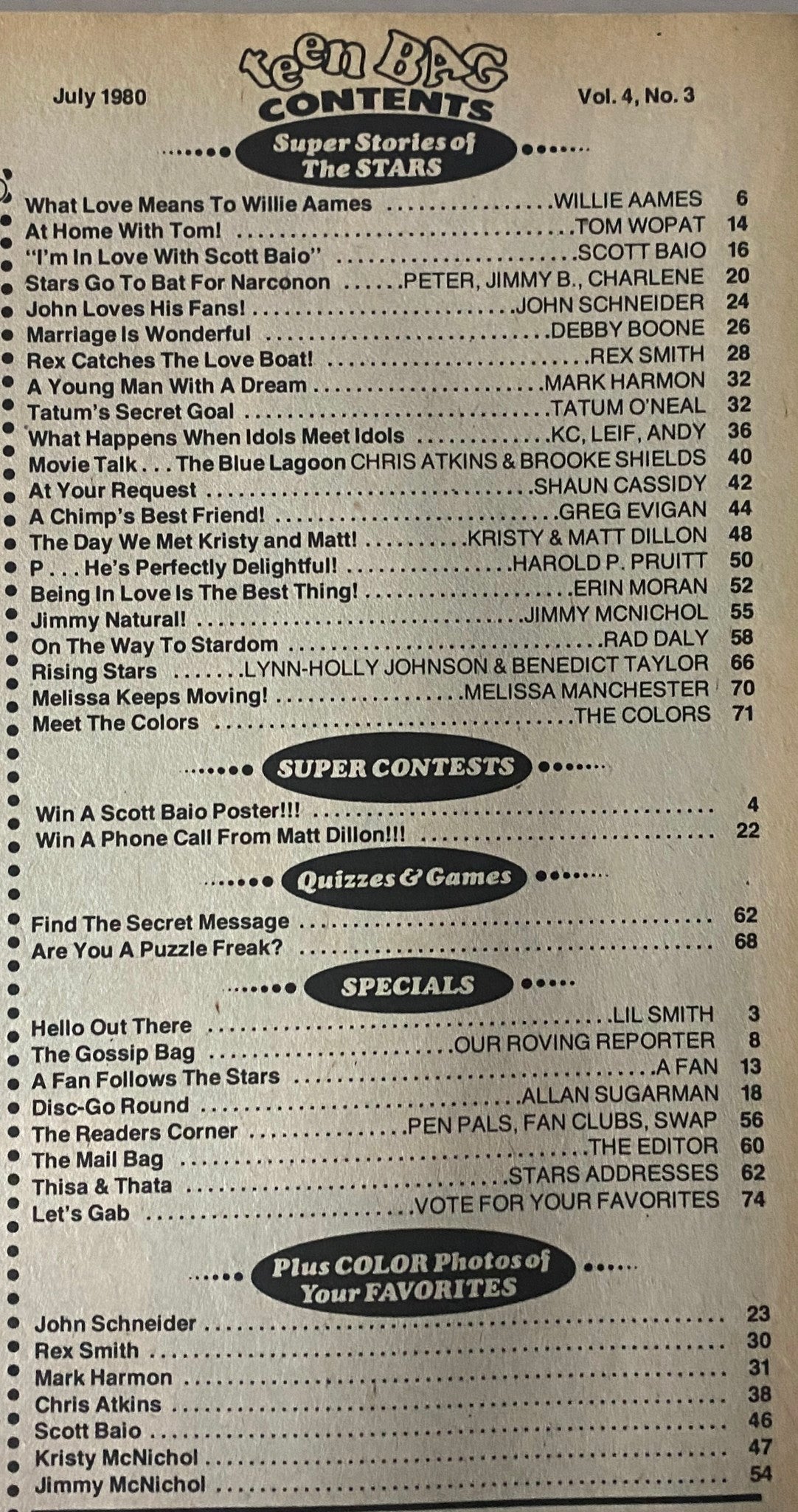 Contents page of Teen Bag Magazine July 1980 detailing exciting articles and features including celebrity interviews and contests.