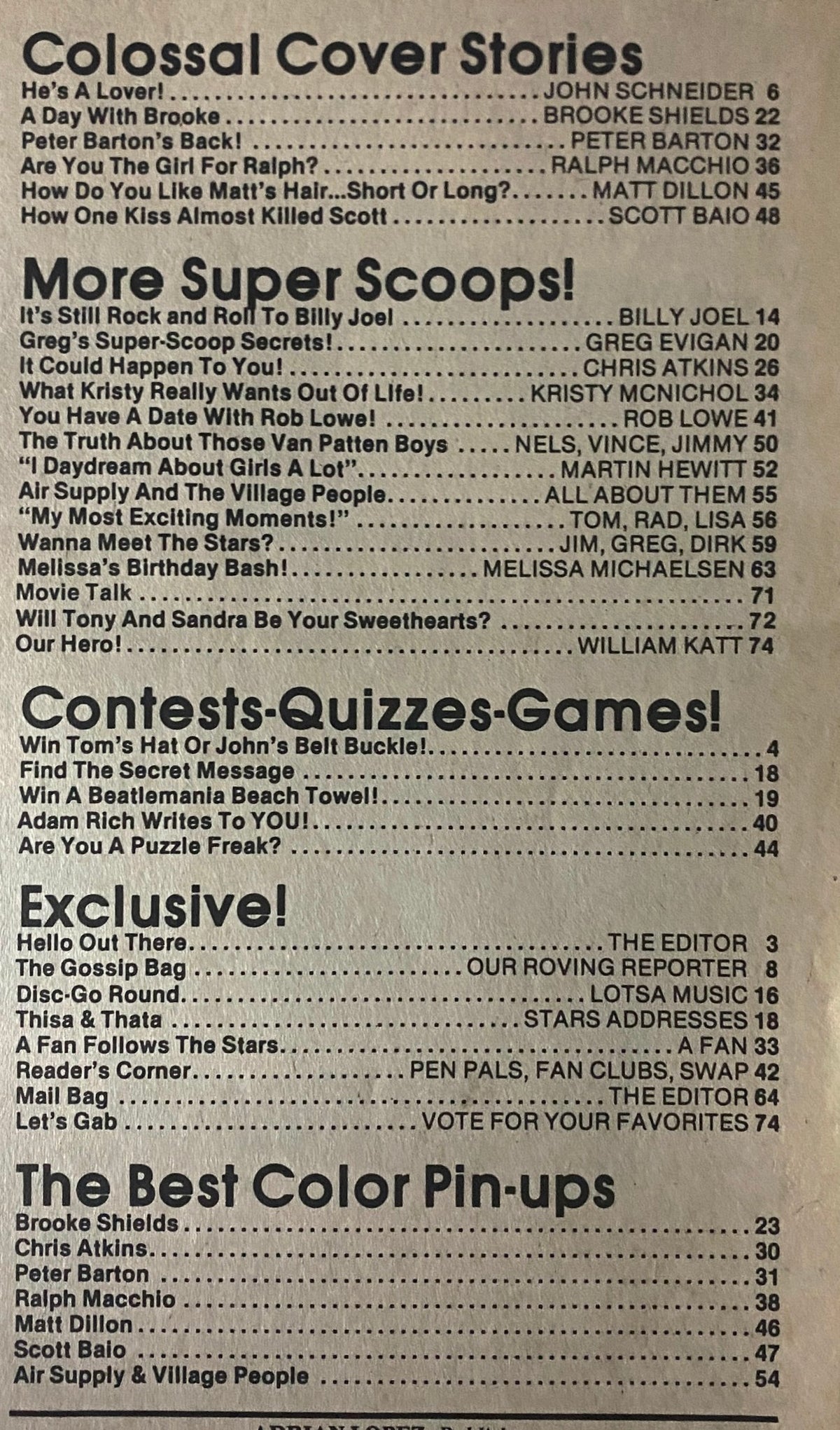 Inside page of Teen Bag Magazine September 1981 listing the contents and features including celebrity articles and games, highlighting John Schneider, Brooke Shields, and Ralph Macchio.