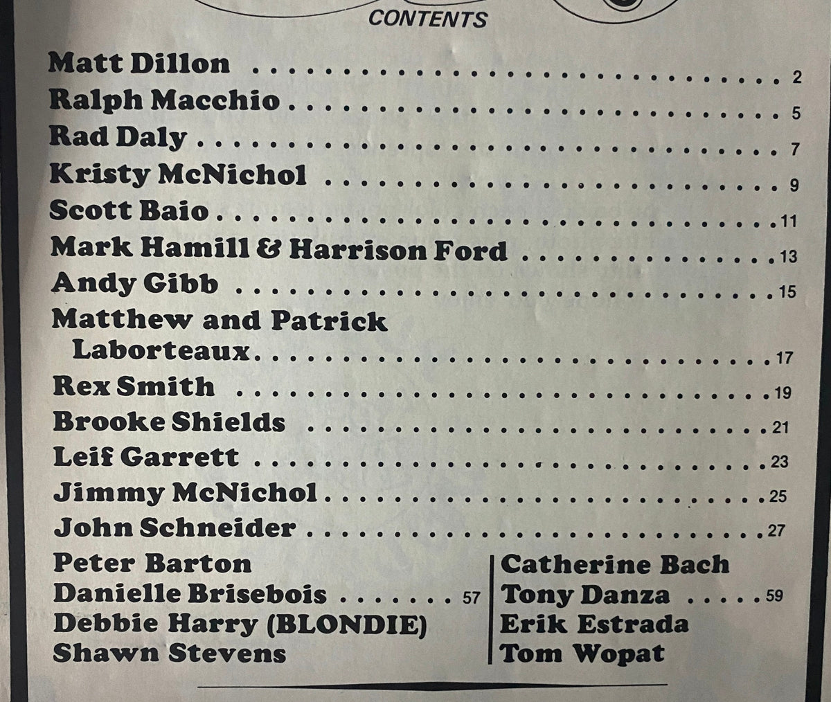 Contents page of Teen Bag Poster Whoppers Issue No. 8 listing notable features including John Schneider, Ralph Macchio, Andy Gibb, and other entertainment icons of the 1980s.