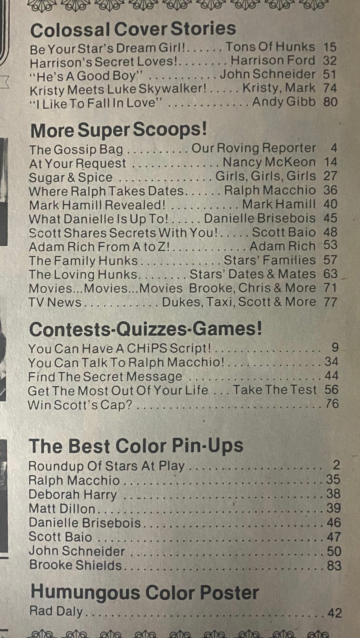 Contents page of Teen Bag Fall Annual showcasing featured articles including celebrity profiles and contests with a focus on stars like Harrison Ford and Ralph Macchio.