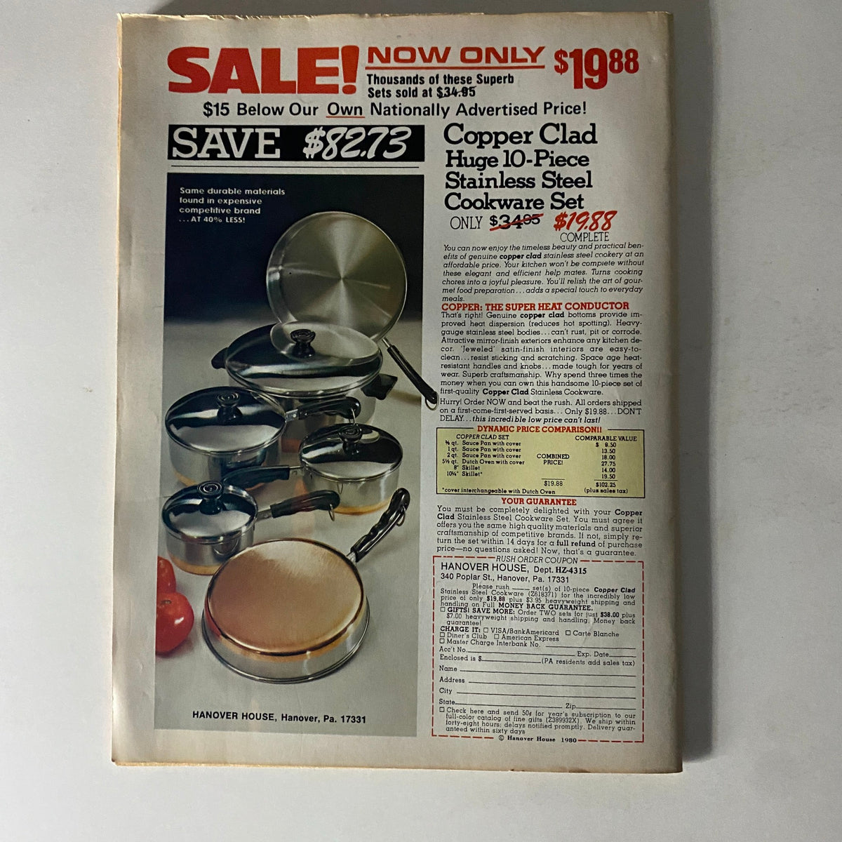 Teen Bag Magazine November 1980 showcasing a vintage advertisement for a Copper Clad 10-Piece Stainless Steel Cookware Set with a striking price and product display.