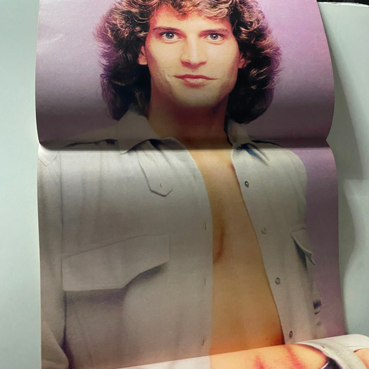 Color pin-up page from Teen Pin-Ups Magazine September 1981 displaying a young man in a light shirt with an attractive gaze.