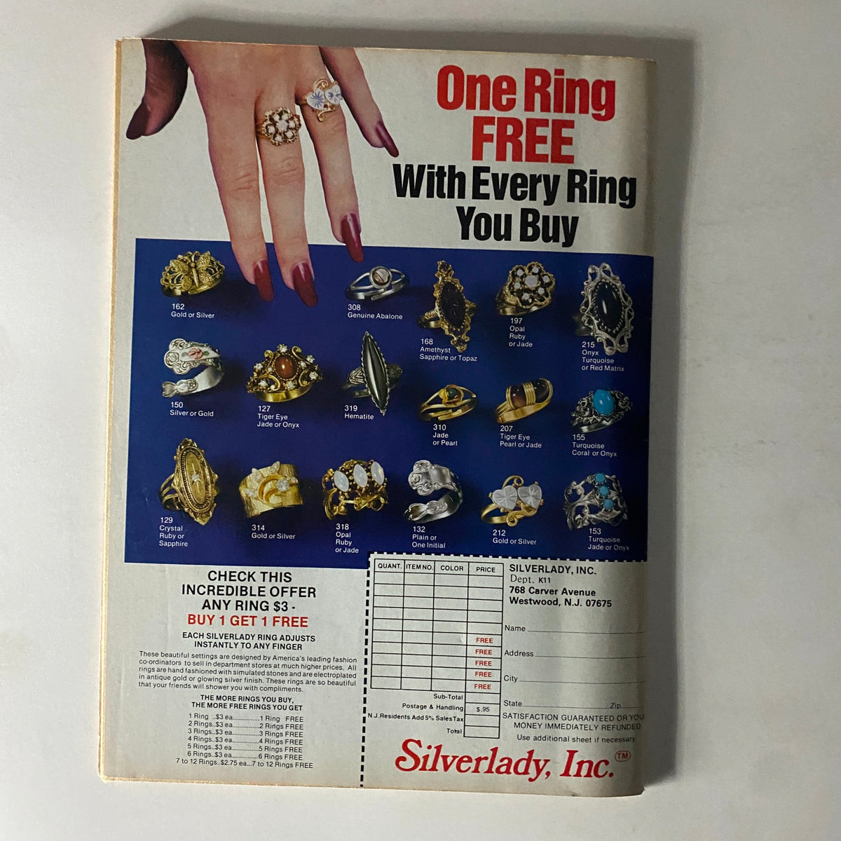 Teen Pin-Ups Magazine September 1981 featuring Rex Smith and Rad Daly. The image displays a collection of rings with a promotional offer for one free ring with every purchase, presented in a colorful layout.