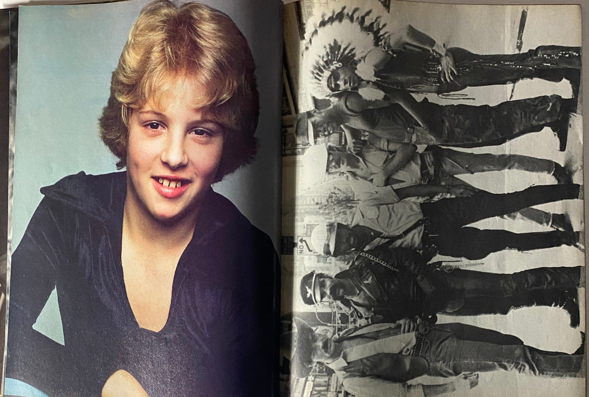 Teen Pin-Ups Magazine November 1980 displaying a young male with blonde hair and a bright smile, posing in a blue outfit next to a group of men in historical costumes.