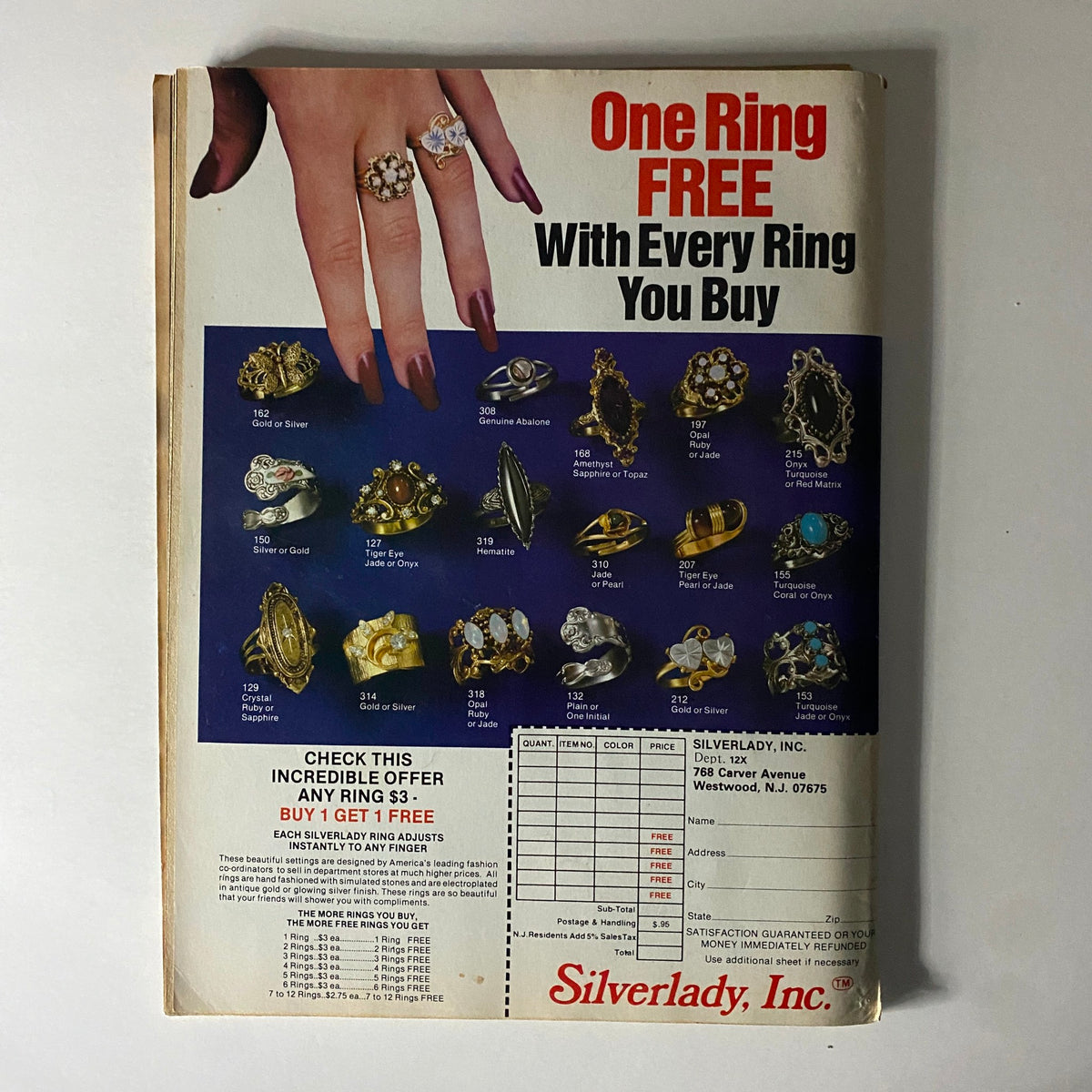 Teen Pin-Ups Magazine November 1980 showcasing a colorful advertisement for Silverlady jewelry offering promotions on rings with a detailed display of ring designs.