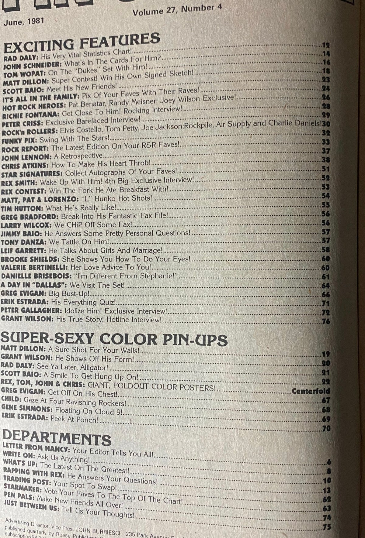 Table of contents from Teen Pin-Ups Magazine June 1981 featuring articles, interviews, and colorful pin-ups.