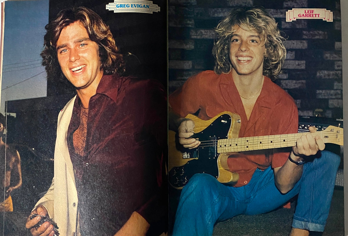 Color photograph of Greg Evigan and Leif Garrett from Teen Stars Photo Album Issue No. 5, showcasing popular teen icons.