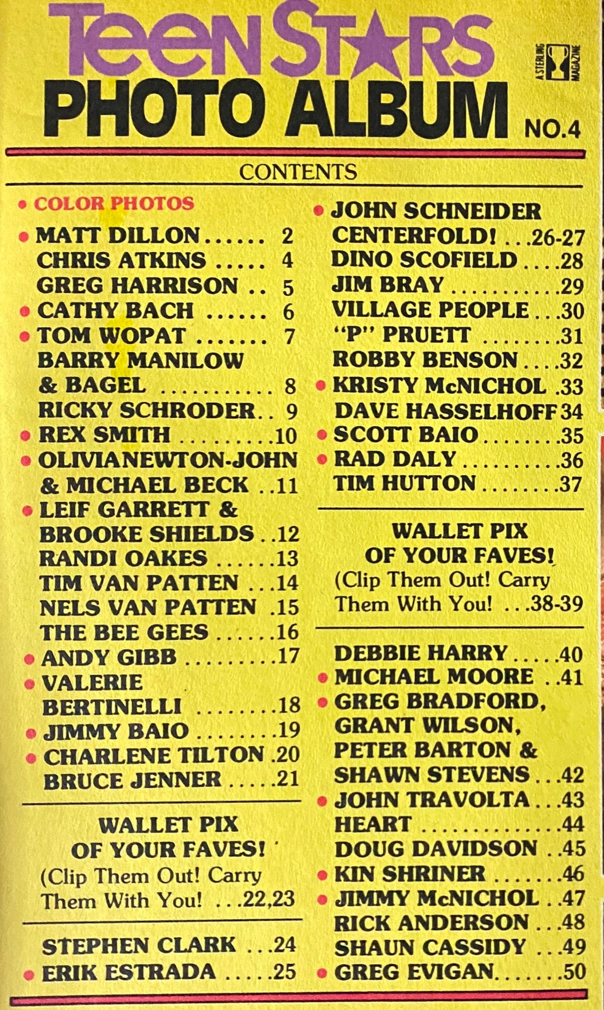 Table of contents for Teen Stars Photo Album Issue No. 41, listing features like John Schneider, Dino Scofield, and wallet-sized photos of stars.