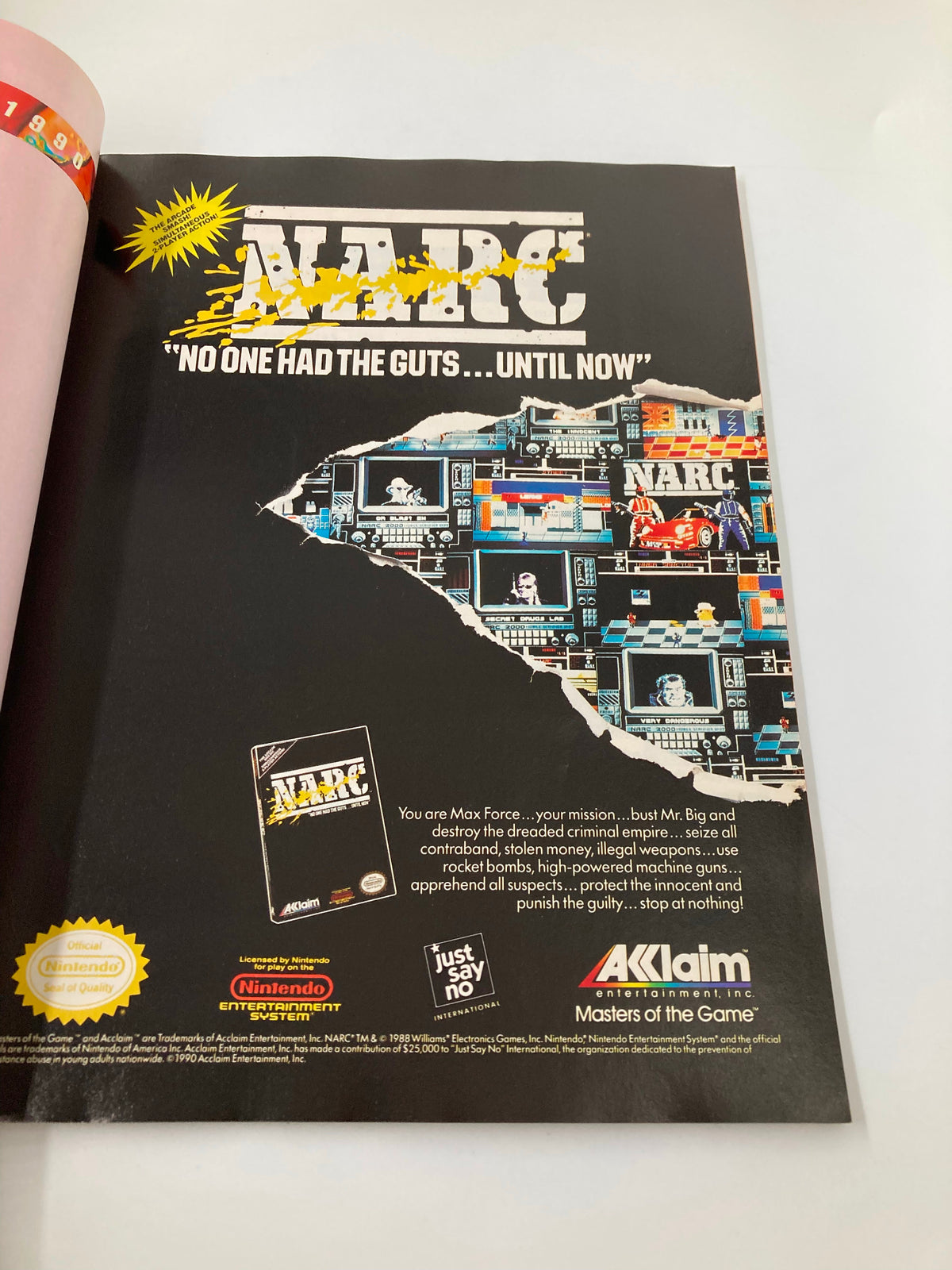 Advertisement for the video game NARC in GamePro Magazine September 1990, showcasing bold graphics and a dynamic tagline: 'No One Had the Guts... Until Now'.