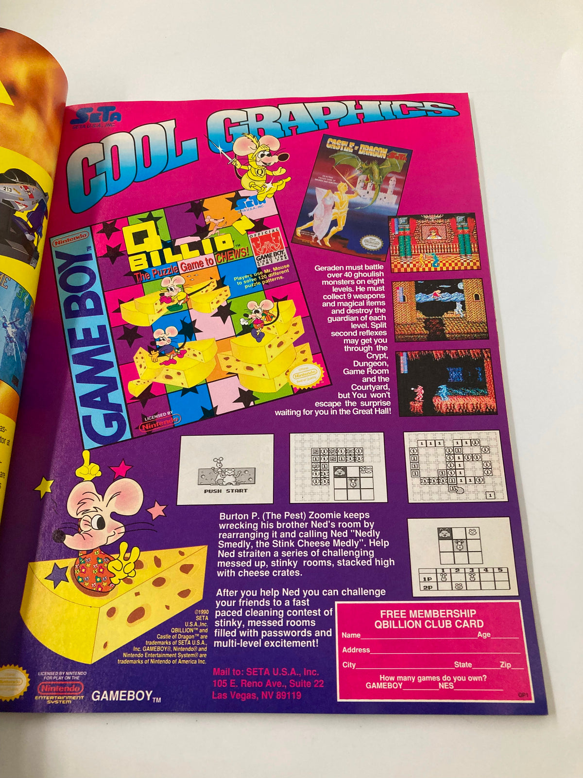 Page from GamePro Magazine September 1990 featuring Game Boy advertisement for the game Qbillion. Colorful layout showcasing a mouse character and various gameplay screenshots.