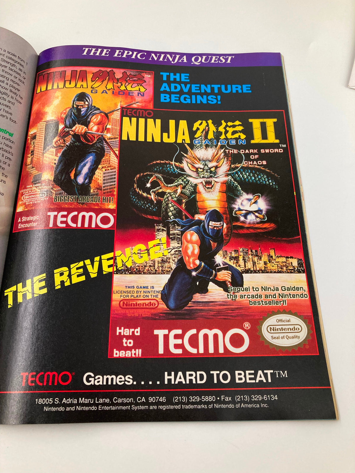 Page from GamePro Magazine September 1990 highlighting Tecmo's Ninja Gaiden II video game. Eye-catching graphics with ninja characters and promotional text.
