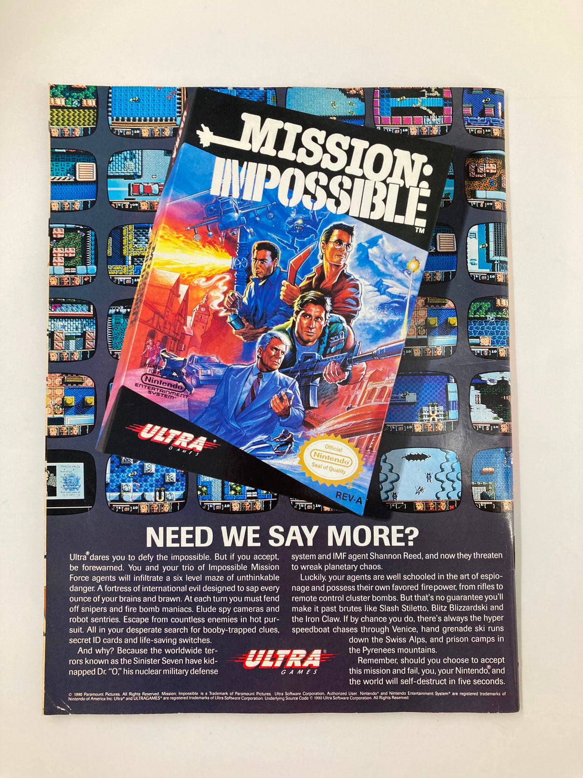 Advertisement page from GamePro Magazine September 1990 for the game Mission: Impossible. Includes dynamic action visuals and promotional text outlining gameplay and features.