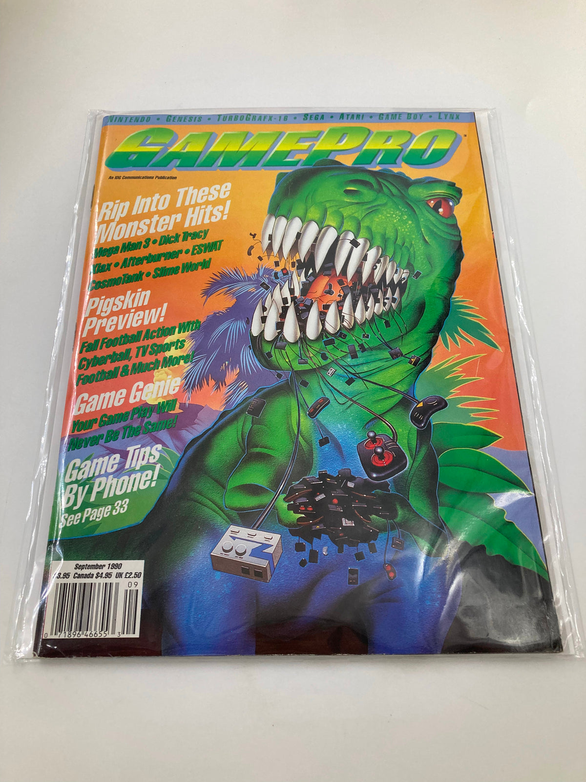 Cover image of GamePro Magazine September 1990 titled 'Rip Into These Monster Hits!'. Colorful design featuring a dinosaur with video game elements breaking the cover.