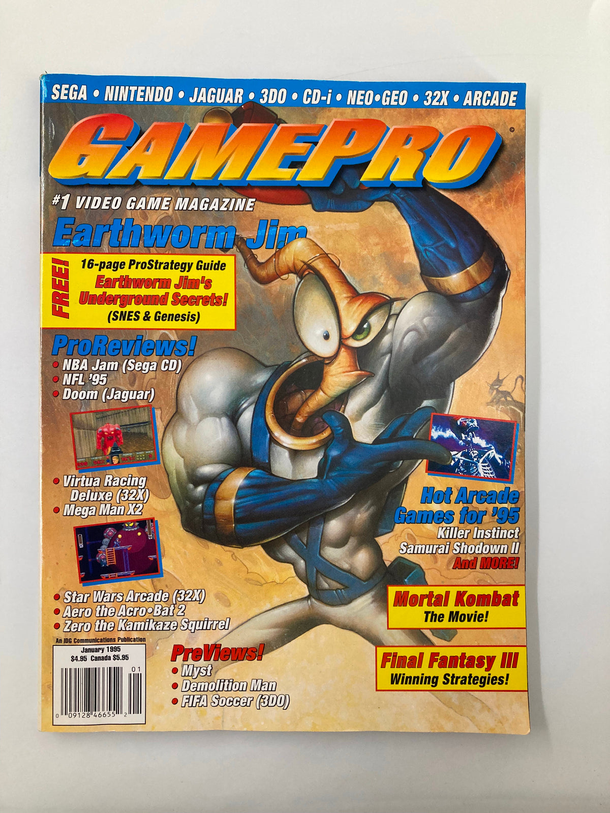 GamePro Magazine January 1995 featuring Earthworm Jim's Underground Secrets, showcasing vibrant cover art, highlights of video game industry updates, and insider tips for classic gaming enthusiasts.