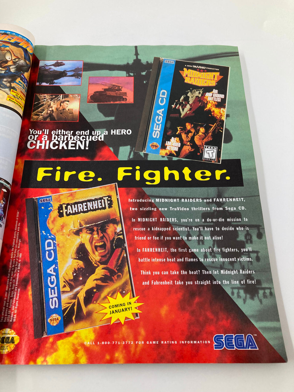 GamePro Magazine January 1995 advertisement for Sega CD games Midnight Raiders and Fahrenheit, showcasing classic gaming culture.